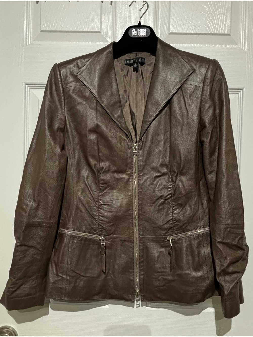 Lafayette 148 New York Chocolate Brown Lamb Skin Leather Zip Jacket